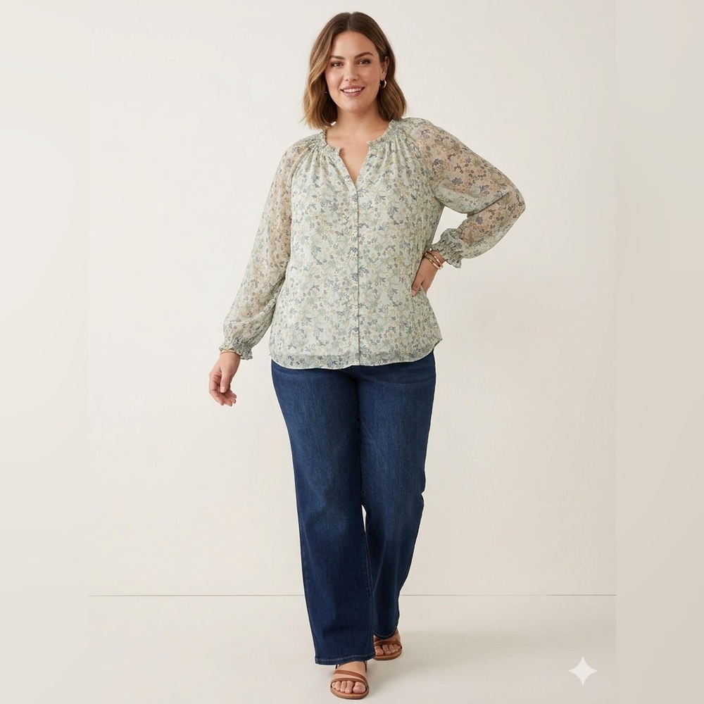Style & Co. Light Green Floral Sheer Long-Sleeve Blouse